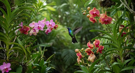 Vibrant Tropical Paradise: Colorful Bird in Lush Foliage and Flowers green birds plant happy scene  
