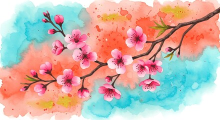 Vibrant Watercolor Cherry Blossoms on Colorful Branches, Spring Floral Art pink card white nature   