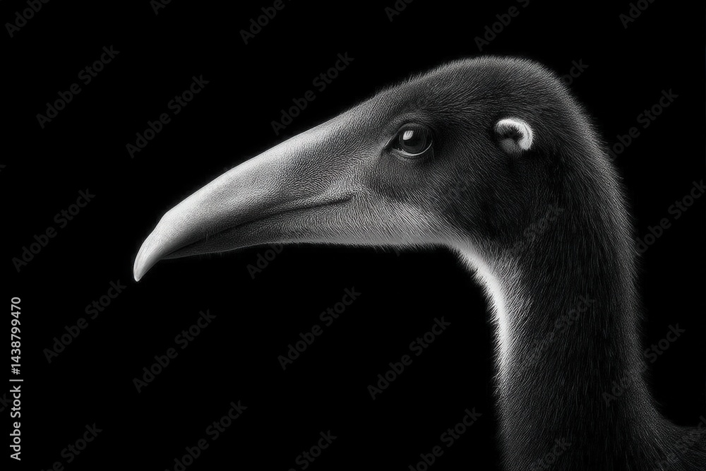 Poster side view of black crow head with shiny feathers against black background highlighting sharp beak in