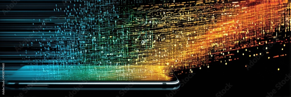 Poster Smartphone Screen Melts Into Flowing Code to Represent Digital Integration and Technology Evolution in Modern Life