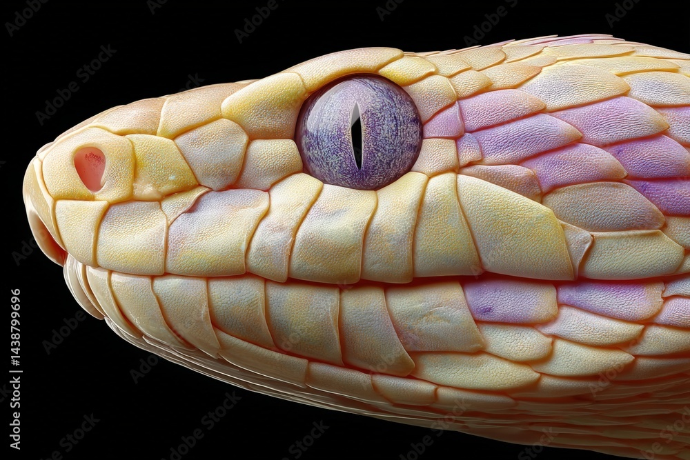 Aufkleber close up of a textured serpent head with multi colored scales and hypnotic eye in black background f