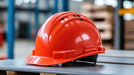 Bright Orange Safety Helmet on Table in Warehouse Environment