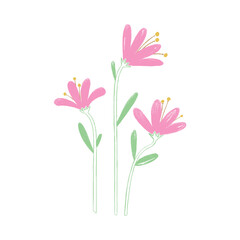 Three pink flowers with green stems and leaves, drawn in a childlike crayon or pastel style. Simple and cute hand-drawn floral illustration on a white background.