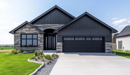 Fototapeta premium Modern home with stone and dark exterior