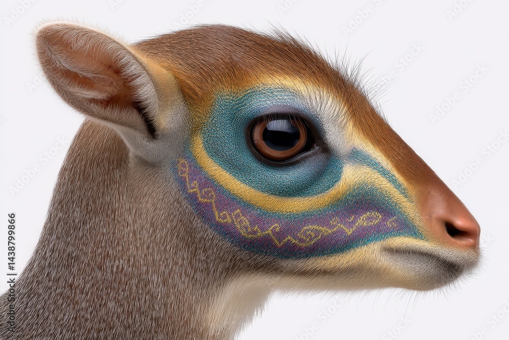 Poster digital surreal illustration of stylized deer like mammal with rainbow pattern and detailed horns re
