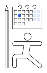 Stick figure in yoga pose beside large calendar marked with a blue check and a vertical pencil. Ideal for scheduling, planning, fitness, goals, productivity, wellness, health. Flat simple metaphor