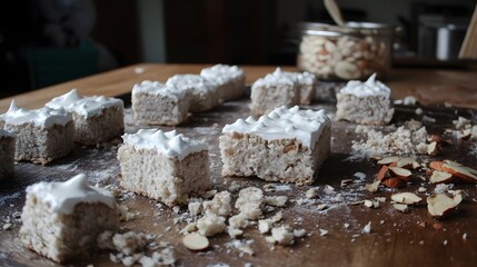 Delicious Almond Meringue Cakes on Wooden Board