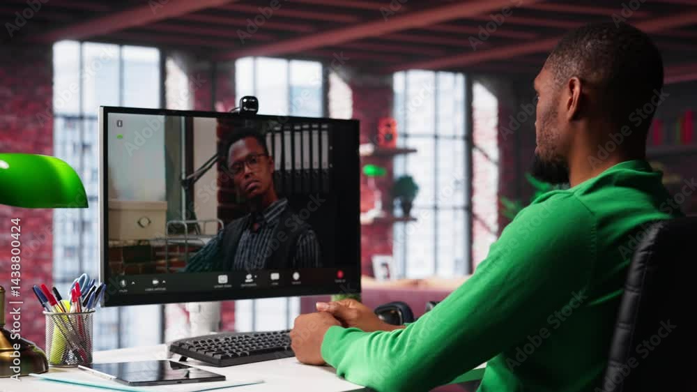 Poster male worker calls manager remotely using internet video call to ask for feedback on project progress