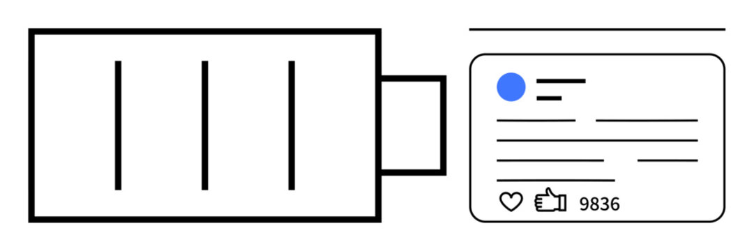 Minimalist layout with battery icon and online post design illustrating user engagement, thumbs ups, and comments. Ideal for digital content, marketing, social media, analytics, energy, creativity - Powered by Adobe