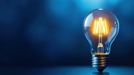 Bright Light Bulb with Glowing Filament on Blue Background