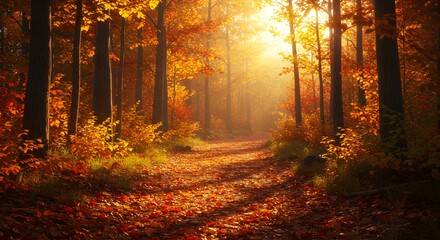 Fototapeta premium The warm sunlight illuminates a beautiful path through an autumn forest, creating a peaceful scene.