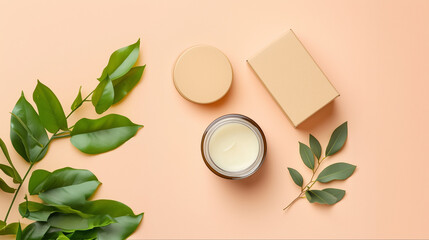 Stylish candle arrangement with green leaves on a soft peach background at a cozy indoor space
