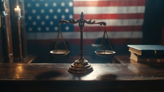 Scales of justice sit in courtroom, American flag backdrop; legal themed image