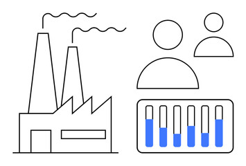 Factory with smoke stacks representing industrial production beside user profiles and a bar chart visualizing performance data. Ideal for industry, analytics, production, workforce, management
