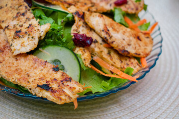 Imagen horizontal de un plato de ensalada con pollo