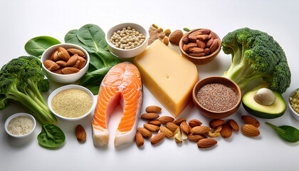 assortment of foods rich in calcium and vitamin d including almonds cheese fish broccoli nuts quinoa and spinach arranged on a white surface