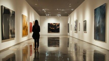 Art gallery. Person looks at colorful abstract paintings. Interior view in hallway. Modern art exposition. Hall with artwork displayed on white walls. Polished shiny floor.