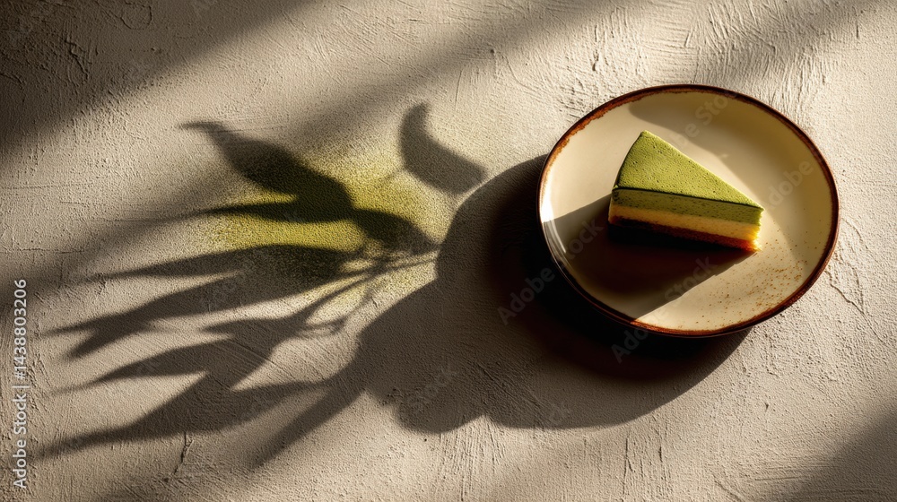 Poster Minimalist Matcha Cake Slice With Abstract Shadow Play on Textured Surface in Soft Light