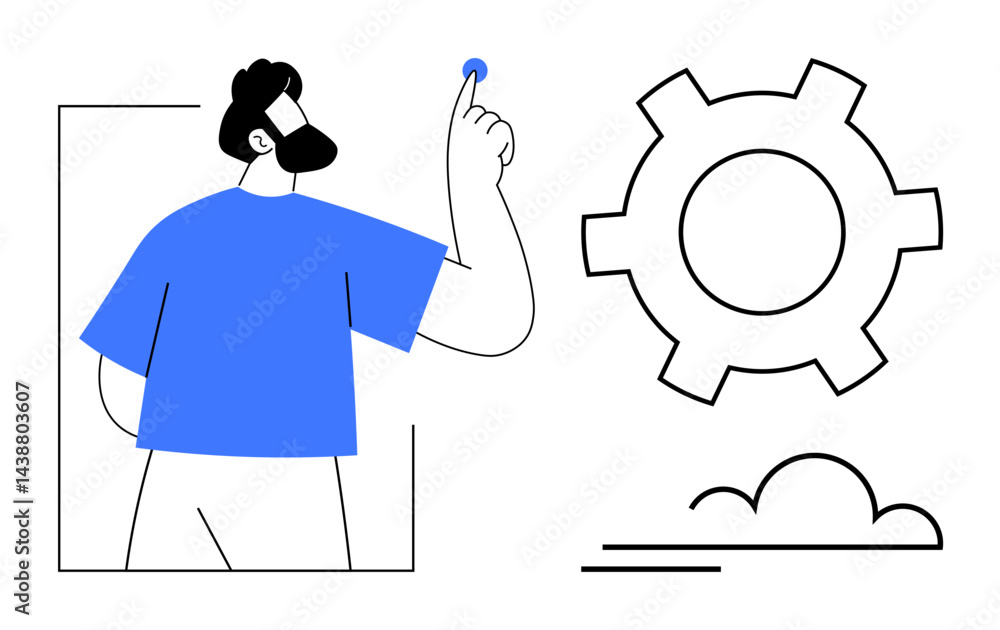 Aufkleber man interacting with a gear representing configuration, settings, or technology optimization. ideal 