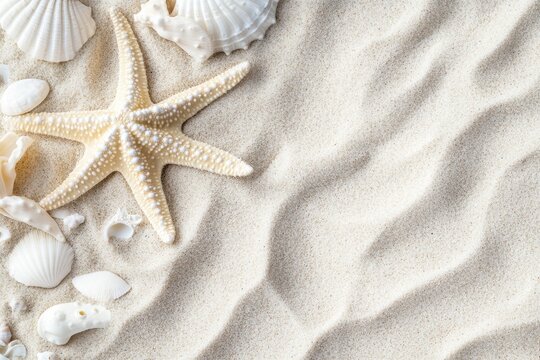 Seashells and starfish on sandy beach