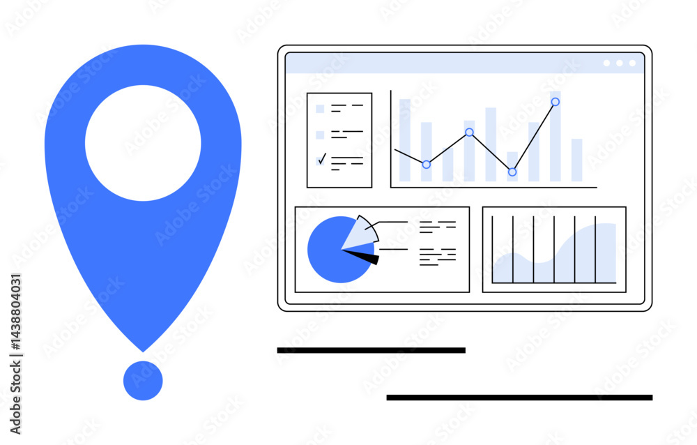 Poster blue location pin next to a digital dashboard with charts, graphs, and data visuals. ideal for data 