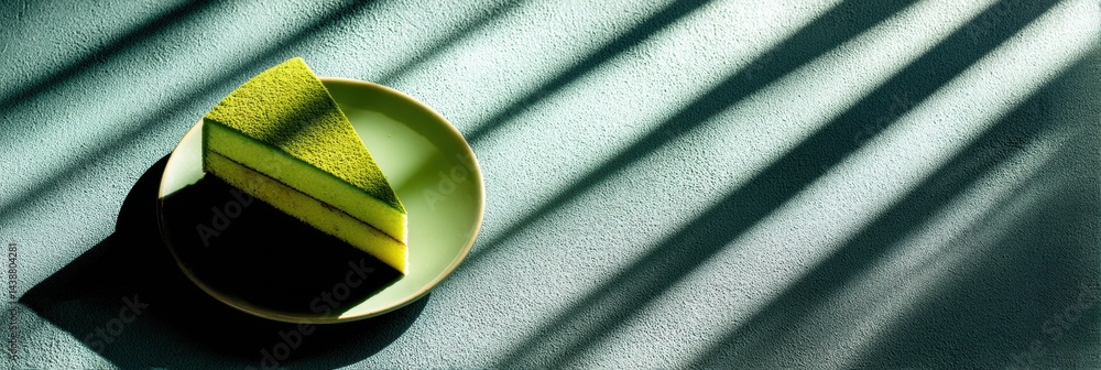 Aufkleber Minimalist Matcha Cake Slice Highlighting Beautiful Shadow Patterns on a Textured Surface