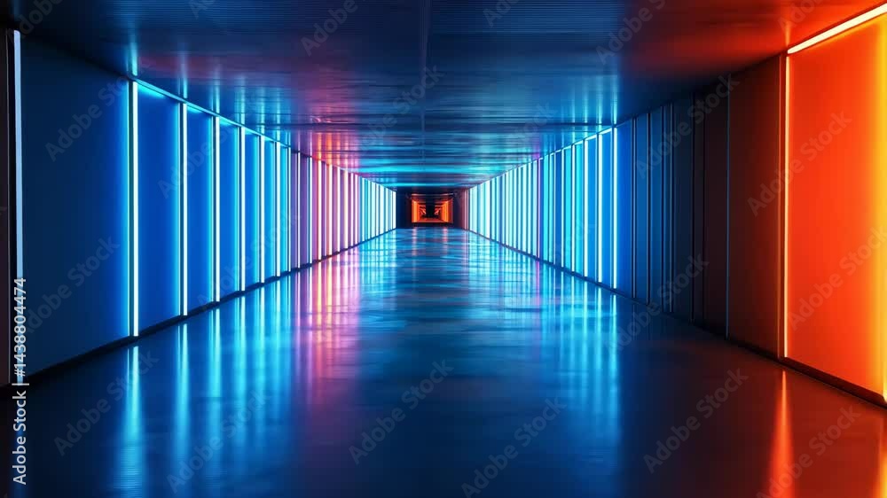 Poster dynamic neon tunnel with vibrant color transitions and reflective surfaces