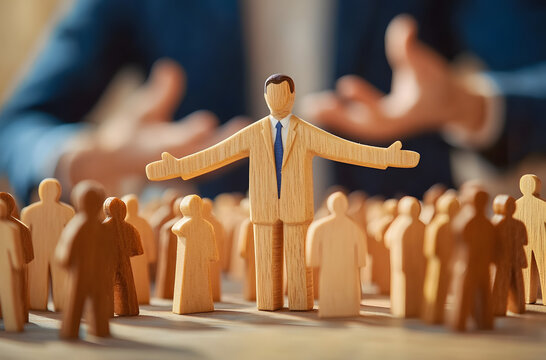 Businessman covering wooden figures of people. Employer commitment to protecting the human rights, labor rights, and providing support and insurance to employees within the community.