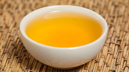 Golden Tea in White Bowl on Woven Mat