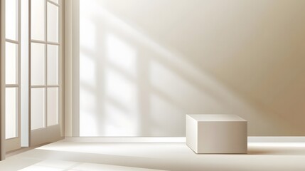 Minimalist Room Interior with White Cube Display and Sunlight