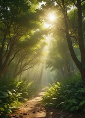 Obraz premium Golden sunbeams filter through lush green canopy, illuminating vibrant leaves , plant, botanical, leaves