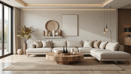 Elegant and serene living space with neutral color palette and natural textures highlighting comfort and sophistication