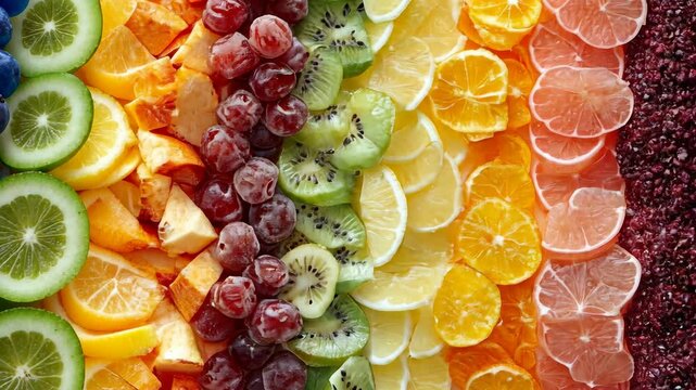 Colorful array of sliced citrus and berries in vibrant pattern