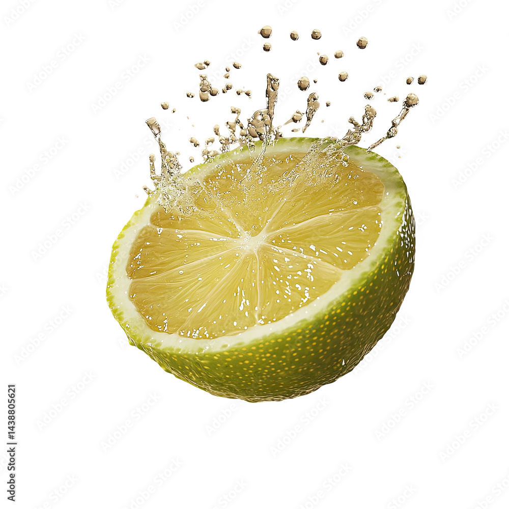 Poster refreshing lime slice with splashing juice isolated on wet food diet acid on transparent background