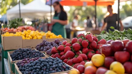 Fresh fruits and vegetables at market. Various seasonal produce, blueberries, strawberries, apples and other items displayed. Vendor stands in the background selling goods.