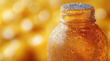 Close-up of a chilled beverage bottle