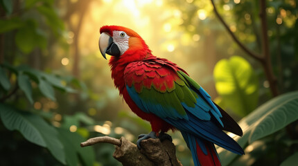 Vibrant macaw with brilliant red, green, and blue plumage perched on branch in lush tropical rainforest