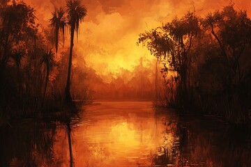 Naklejka premium Swamp Landscape at Sunset