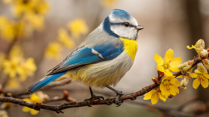 Fototapeta premium Vibrant blue tit perched gracefully among bright yellow blossoms on a slender branch, capturing nature's serene beauty.