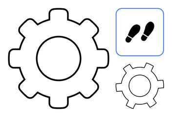 Gear outline in two sizes and footsteps in a square frame. Ideal for automation, process flow, teamwork, systems, guidance, efficiency optimization, simple landing page
