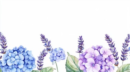 Elegant Watercolor Hydrangeas Lavender Floral Border Design Romantic Purple Blue Flowers Botanical Illustration Wedding Invitation Template Soft      