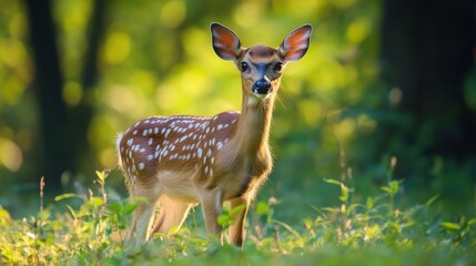 Young deer stands in a bright green forest. Animal looks at camera. Wildlife in a natural and peaceful habitat.