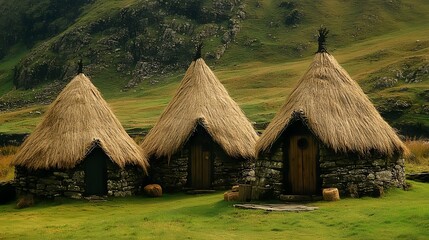 Three Rustic Thatched Cottages on Green Hillside
