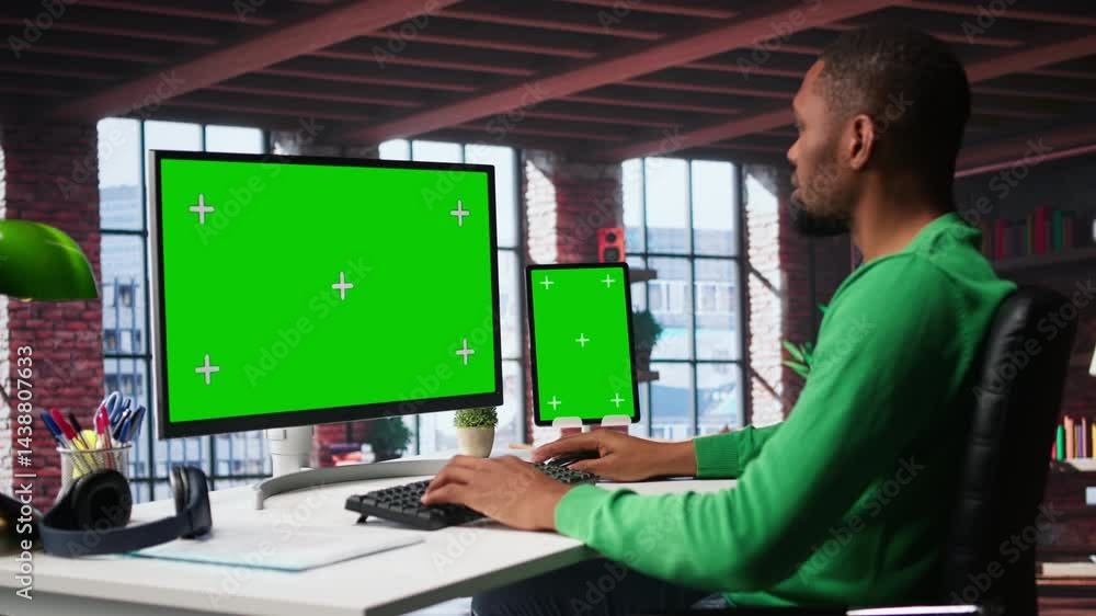 Poster african american person using an isolated display on computer at home, working on his daily assignme
