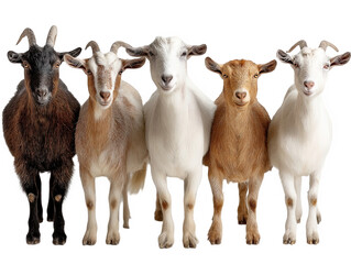 Fototapeta premium Five adorable goats standing together isolated background farm animals pet on transparent background