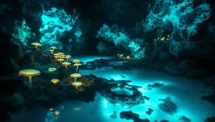 Fototapeta premium Obsidian shards float in blue resin within a glowing cave, showcasing geological formations and eerie beauty.