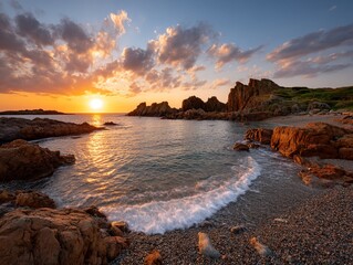 Obraz premium Sunsets over rugged coastline serene beach