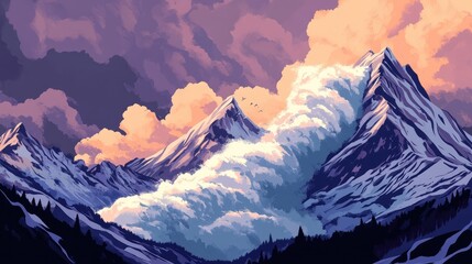 A mountain range with a large wave of snow