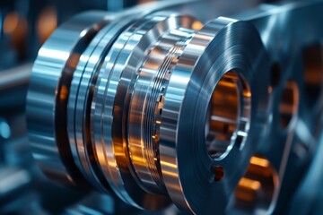 Fototapeta premium Shiny metal mechanical parts in closeup industrial background