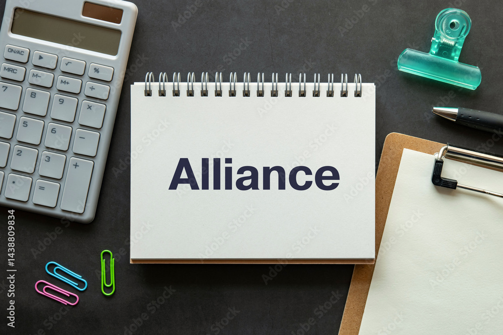 Poster there is notebook with the word alliance. it is as an eye-catching image.